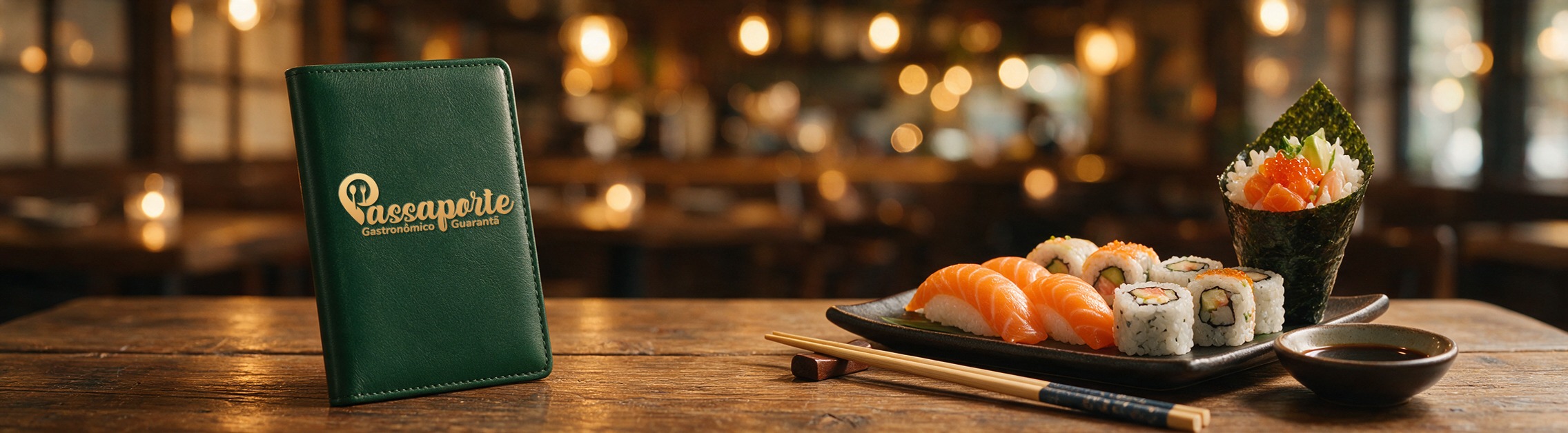 Capa do Passaporte Gastronômico Guarantã ao lado de sushi e temaki
