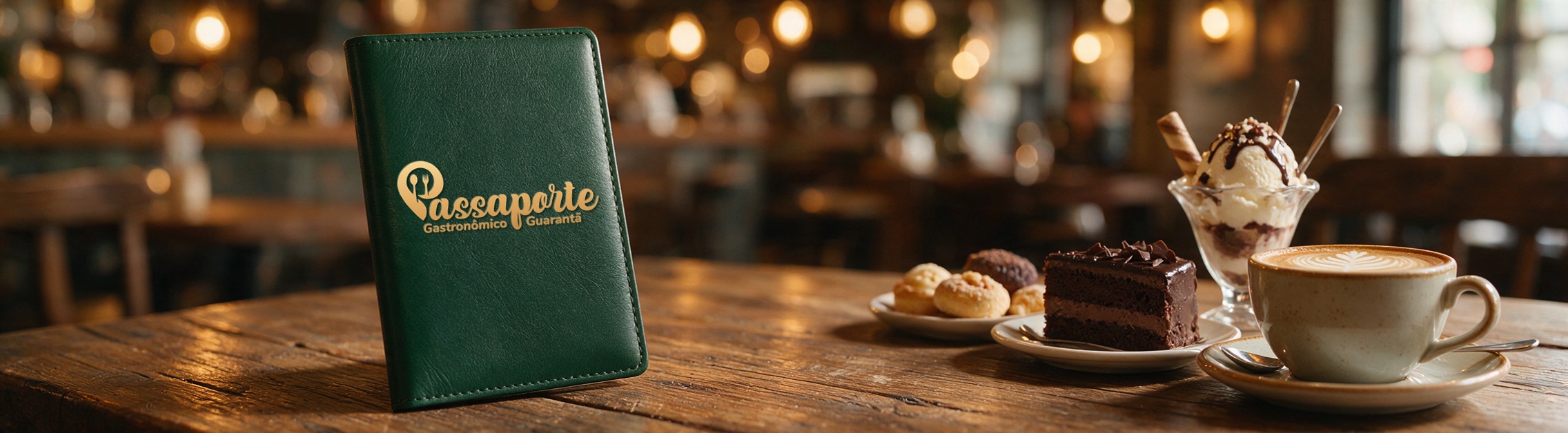 Capa do Passaporte Gastronômico Guarantã ao lado de cappuccino e sobremesas